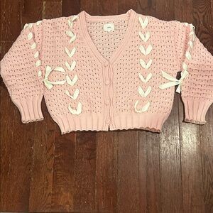 Pink Knit Sweater with Ribbon Details